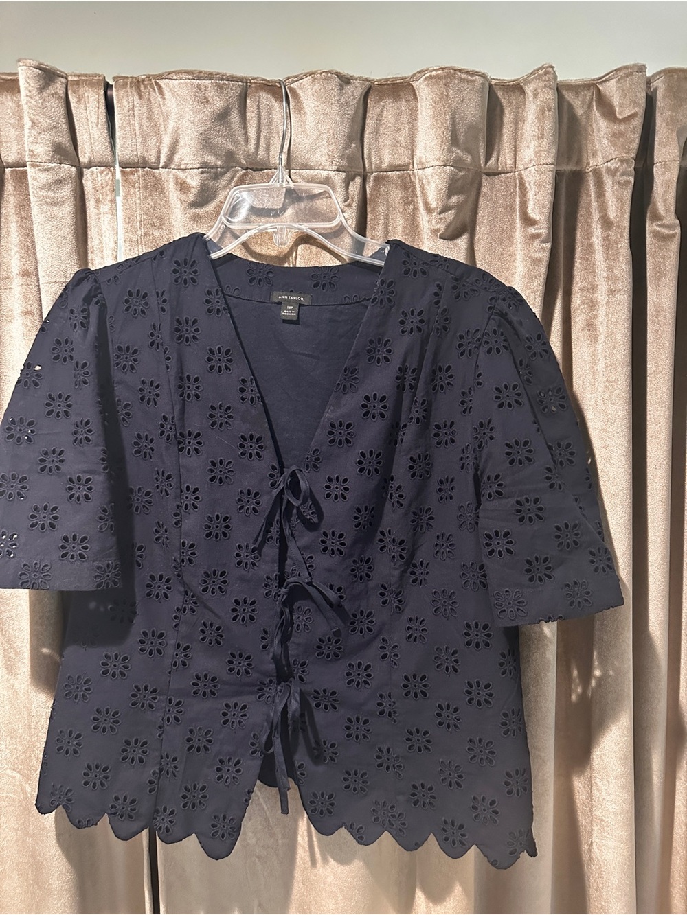 Ann Taylor Navy Eyelet Tie-Front Blouse